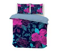 PNHCL Housse de Couette 140x200 Enfant Microfibre Femmes Filles Bleu Marine élégant Parure de Lit 1 Personne Fleurs NéOn Housse Couette Imprimée Réversible avec 1 Taie d'oreiller 65x65 cm A47