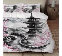 PNHCL Housse de Couette 155x220 cm 1 Personne, Housse de Couette Fleurs de Cerisier japonaises Microfibre, Parure de Lit Tableau imprimé en 3D Fermeture éclair avec 2 Taie d'oreiller -TR3