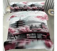 PNHCL Housse de Couette 155x220 cm 1 Personne, Housse de Couette Pont Sakura Mont Fuji Microfibre, Parure de Lit Style Japonais Fermeture éclair avec 2 Taie d'oreiller -TR6