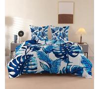 PNHCL Housse de Couette 220x240 Blue Tropical Leaves, avec 2 Taie d'oreiller 65x65 Cm, Parure de Lit 220x240 cm Adulte Feuille de Monstera Bleue, Microfibre, Linge de Lit Fermeture éclair -RZ176