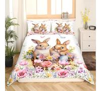 PNHCL Housse de Couette 240 X 260 Fleurs Multicolores - Parure de Lit Lapin avec 2 Taies d'oreiller 65x65 cm - Housse Couette 2 Personnes Pâques pour Ado Fille Garçon Adulte Ax-47