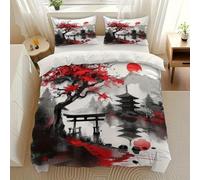 PNHCL Housse de Couette 90x190 cm 1 Personne Housse de Couette Feuilles d'érable Rouge à la Japonaise Microfibre, Parure de Lit Peinture à l'encre Fermeture éclair avec 1 Taie d'oreiller -TR1