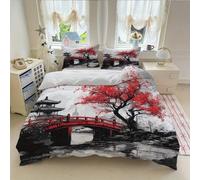 PNHCL Housse de Couette 90x190 cm 1 Personne Housse de Couette Sakura Rouge Microfibre, Parure de Lit Style Japonais Fermeture éclair avec 1 Taie d'oreiller -TR2
