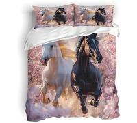 PNHCL Parure de Lit 240x260 Cheval Fleur Imprimé Housse de Couette avec 2 Taies d'oreiller pour Ado et Adulte, Moderne Esthétique 2 Personnes Ensemble de literie Décoration Chambre Qs-98