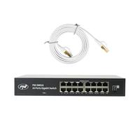 PNI SW016 Commutateur 16 x 10/100/1000 Mbps, Gigabit, boîtier métallique et câble Patch CAT8 de 1,5 m PNI U8015W