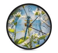 PNOMEDPKJ Horloge murale ronde en verre à suspendre en forme de libellule bleue, 25,4 cm, fonctionne à piles, sans tic-tac, horloge analogique décorative, moderne, décoration d'intérieur pour chambre