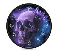 PNOMEDPKJ Horloge murale ronde en verre de 25,4 cm en forme de tête de mort bleue, horloge à suspendre, fonctionne à piles, sans tic-tac, horloge analogique décorative, moderne, décoration d'intérieur