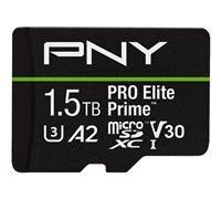 PNY Carte microSDXC 1.5TB Pro Elite Prime Class 10 U3 V30 A2 + Adaptateur SD - jusqu'à 200MB/s, Class 10, U3, V30, A2, 4K UHD, Full HD, UHS-I