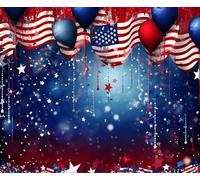 Pnylzzyxh Toile de fond patriotique du 4 juillet - Drapeau américain - Bannière de fête des anciens combattants - 2,4 x 1,8 m - Rouge, blanc, bleu, étoiles, ballons, bokeh, accessoires de studio photo