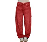 PNZLZIA Jean Ample décontracté à Strass pour Femme, Jean Taille Haute à Strass pour Femme, Jean à Paillettes à Jambe Large (Red,M)