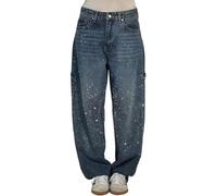 PNZLZIA Jean Ample décontracté à Strass pour Femme, Jean Taille Haute à Strass pour Femme, Jean à Paillettes à Jambe Large (Dark Blue,M)