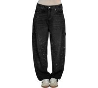 PNZLZIA Jean Ample décontracté à Strass pour Femme, Jean Taille Haute à Strass pour Femme, Jean à Paillettes à Jambe Large (Black,M)