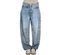 PNZLZIA Jean Ample décontracté à Strass pour Femme, Jean Taille Haute à Strass pour Femme, Jean à Paillettes à Jambe Large (Light Blue,S)