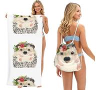 Poadnly Aquarelle d'un Adorable hérisson Mignon, Sac-Serviette 2-en-1 Compact : Serviette de Plage avec Sac à Dos à Cordon pour Les Voyages, Les Vacances et Le Camping
