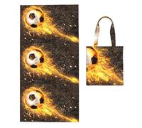 Poadnly Ballon de Football dans Les Flammes d'un feu Ardent, Sac à Serviettes Pliable 2 en 1, Serviettes de Plage avec Sac de Transport pour Les Voyages, Les Vacances et Le Camping