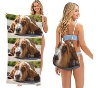 Poadnly Basset Hound, Sac-Serviette 2-en-1 Compact : Serviette de Plage avec Sac à Dos à Cordon pour Les Voyages, Les Vacances et Le Camping