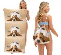 Poadnly Basset Hound, Sac-Serviette 2-en-1 Compact : Serviette de Plage avec Sac à Dos à Cordon pour Les Voyages, Les Vacances et Le Camping