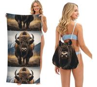 Poadnly Bison d'Amérique du Nord, Sac-Serviette 2-en-1 Compact : Serviette de Plage avec Sac à Dos à Cordon pour Les Voyages, Les Vacances et Le Camping