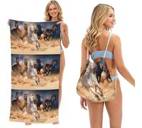 Poadnly Cheval Sauvage Courant Contre la tempête de Sable, Sac-Serviette 2-en-1 Compact : Serviette de Plage avec Sac à Dos à Cordon pour Les Voyages, Les Vacances et Le Camping