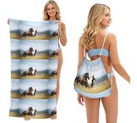 Poadnly Chevaux au Galop Art, Sac-Serviette 2-en-1 Compact : Serviette de Plage avec Sac à Dos à Cordon pour Les Voyages, Les Vacances et Le Camping