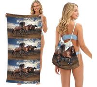 Poadnly Chevaux au Galop, Sac-Serviette 2-en-1 Compact : Serviette de Plage avec Sac à Dos à Cordon pour Les Voyages, Les Vacances et Le Camping