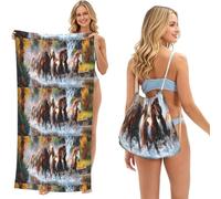Poadnly Chevaux des Indiens d'Amérique, Sac-Serviette 2-en-1 Compact : Serviette de Plage avec Sac à Dos à Cordon pour Les Voyages, Les Vacances et Le Camping