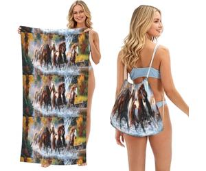 Poadnly Chevaux des Indiens d'Amérique, Sac-Serviette 2-en-1 Compact : Serviette de Plage avec Sac à Dos à Cordon pour Les Voyages, Les Vacances et Le Camping