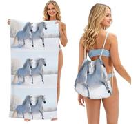 Poadnly Chevaux tachetés rares au Galop, Sac-Serviette 2-en-1 Compact : Serviette de Plage avec Sac à Dos à Cordon pour Les Voyages, Les Vacances et Le Camping