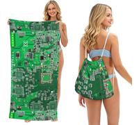 Poadnly Circuit imprimé Vert, Sac-Serviette 2-en-1 Compact : Serviette de Plage avec Sac à Dos à Cordon pour Les Voyages, Les Vacances et Le Camping