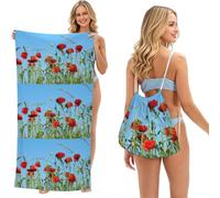 Poadnly Coquelicots sur Ciel Bleu, Sac-Serviette 2-en-1 Compact : Serviette de Plage avec Sac à Dos à Cordon pour Les Voyages, Les Vacances et Le Camping