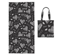 Poadnly Cœurs écrits à la Main, Mots d'amour, Sac à Serviettes Pliable 2 en 1, Serviettes de Plage avec Sac de Transport pour Les Voyages, Les Vacances et Le Camping