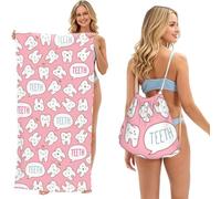 Poadnly Dents de Dentiste Kawaii, Sac-Serviette 2-en-1 Compact : Serviette de Plage avec Sac à Dos à Cordon pour Les Voyages, Les Vacances et Le Camping