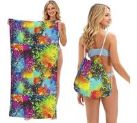 Poadnly Éclaboussures de Peinture néon Arc-en-Ciel, Sac-Serviette 2-en-1 Compact : Serviette de Plage avec Sac à Dos à Cordon pour Les Voyages, Les Vacances et Le Camping