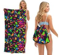 Poadnly Éclaboussures de Peinture néon Arc-en-Ciel, Sac-Serviette 2-en-1 Compact : Serviette de Plage avec Sac à Dos à Cordon pour Les Voyages, Les Vacances et Le Camping