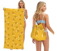 Poadnly Feuilles de Ginkgo, Motif Floral sur Fond Jaune Ocre, Sac-Serviette 2-en-1 Compact : Serviette de Plage avec Sac à Dos à Cordon pour Les Voyages, Les Vacances et Le Camping