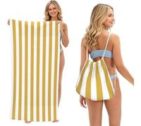 Poadnly Grandes Rayures Cabana Jaunes et Blanches, Sac-Serviette 2-en-1 Compact : Serviette de Plage avec Sac à Dos à Cordon pour Les Voyages, Les Vacances et Le Camping