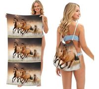 Poadnly Imprimé de Cheval au Galop, Sac-Serviette 2-en-1 Compact : Serviette de Plage avec Sac à Dos à Cordon pour Les Voyages, Les Vacances et Le Camping