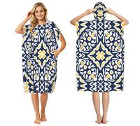 Poadnly Motif de Carreaux méditerranéens Bleu Marine et Jaune, Serviette de Plage à Capuche pour Adulte 90 x 110 cm, Peignoir de Bain, Poncho de Surf pour Femmes et Hommes
