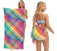 Poadnly Rayures à Carreaux Multicolores Arc-en-Ciel, Sac-Serviette 2-en-1 Compact : Serviette de Plage avec Sac à Dos à Cordon pour Les Voyages, Les Vacances et Le Camping