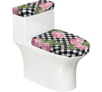 Poadnly Roses imprimées sur Un Fond à Carreaux Noirs et Blancs,Ensemble de 2 couvercles de réservoir de Toilettes réutilisables, résistants à la poussière et aux éclaboussures pour Salle de Bain