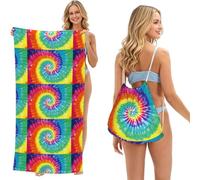Poadnly Tie-Dye aux Couleurs de l'arc-en-Ciel, Sac-Serviette 2-en-1 Compact : Serviette de Plage avec Sac à Dos à Cordon pour Les Voyages, Les Vacances et Le Camping