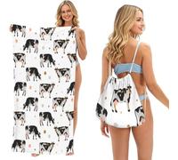 Poadnly Vache tachetée laitière Vache Noire, Sac-Serviette 2-en-1 Compact : Serviette de Plage avec Sac à Dos à Cordon pour Les Voyages, Les Vacances et Le Camping