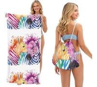 Poadnly Zèbre Arc-en-Ciel, Sac-Serviette 2-en-1 Compact : Serviette de Plage avec Sac à Dos à Cordon pour Les Voyages, Les Vacances et Le Camping