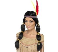Pocahontas Perruque Indienne Noire Femme En Costume + Bandeau En Plumes Neuf
