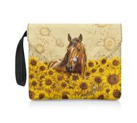 Poceacles Couverture de livre beige motif cheval tournesol pour livres de poche, pochettes avec bouton pression et poche supplémentaire, 30 x 24 cm, porte-livres pour la maison, l'école et