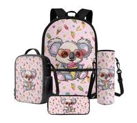 Poceacles Ensemble cartable 4 en 1 pour enfants avec sac à dos d'école et sac à déjeuner pour garçons et filles avec trousse à crayons et manchon pour bouteille, Koala Love Glasses Ice Cream Candy