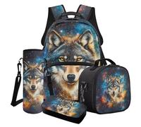 Poceacles Ensemble cartable 4 en 1 pour filles et garçons avec joli sac à dos, sac à déjeuner, trousse à crayons, porte-bouteille d'eau, Wolf Galaxy., Taille unique, Ensemble cartable