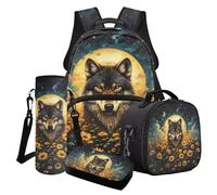 Poceacles Ensemble cartable 4 en 1 pour filles et garçons avec joli sac à dos, sac à déjeuner, trousse à crayons, porte-bouteille d'eau, Wolf Moon Daisy Star, Taille unique, Ensemble cartable