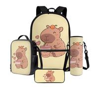Poceacles Ensemble cartable 4 pièces pour enfants avec sac à dos, sac à déjeuner, trousse à crayons, porte-bouteille d'eau pour filles et garçons, Kawaii Capybara Orange Love Bubble Tea, Taille