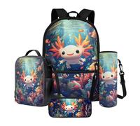 Poceacles Ensemble cartable 4 pièces pour enfants et adolescents, sac à dos et sac à déjeuner avec trousse à crayons et porte-bouteille, convient pour ordinateur portable de 14", Axolotl Sea Fish